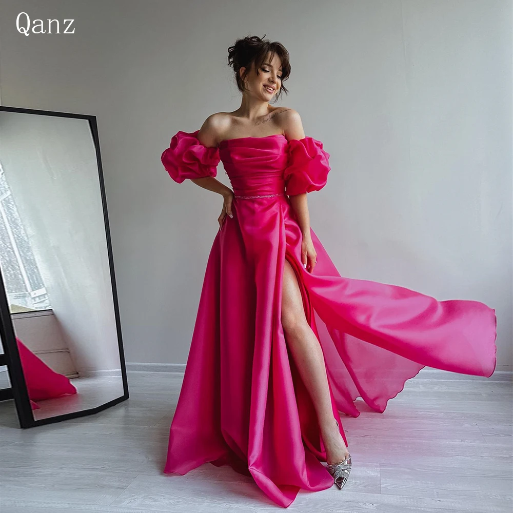 Qanz Hot Pink Organza Prom Dresses Modern Leg Slit Long A Line Strapless Puff Sleeves Vestidos Para Eventos Especiales 2023 New