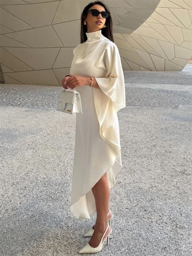 2025 New Satin Turtleneck Dress Female High Waist One-Shoulder Ruffled Patchwork Elegant Party Dress Summer Women Dress