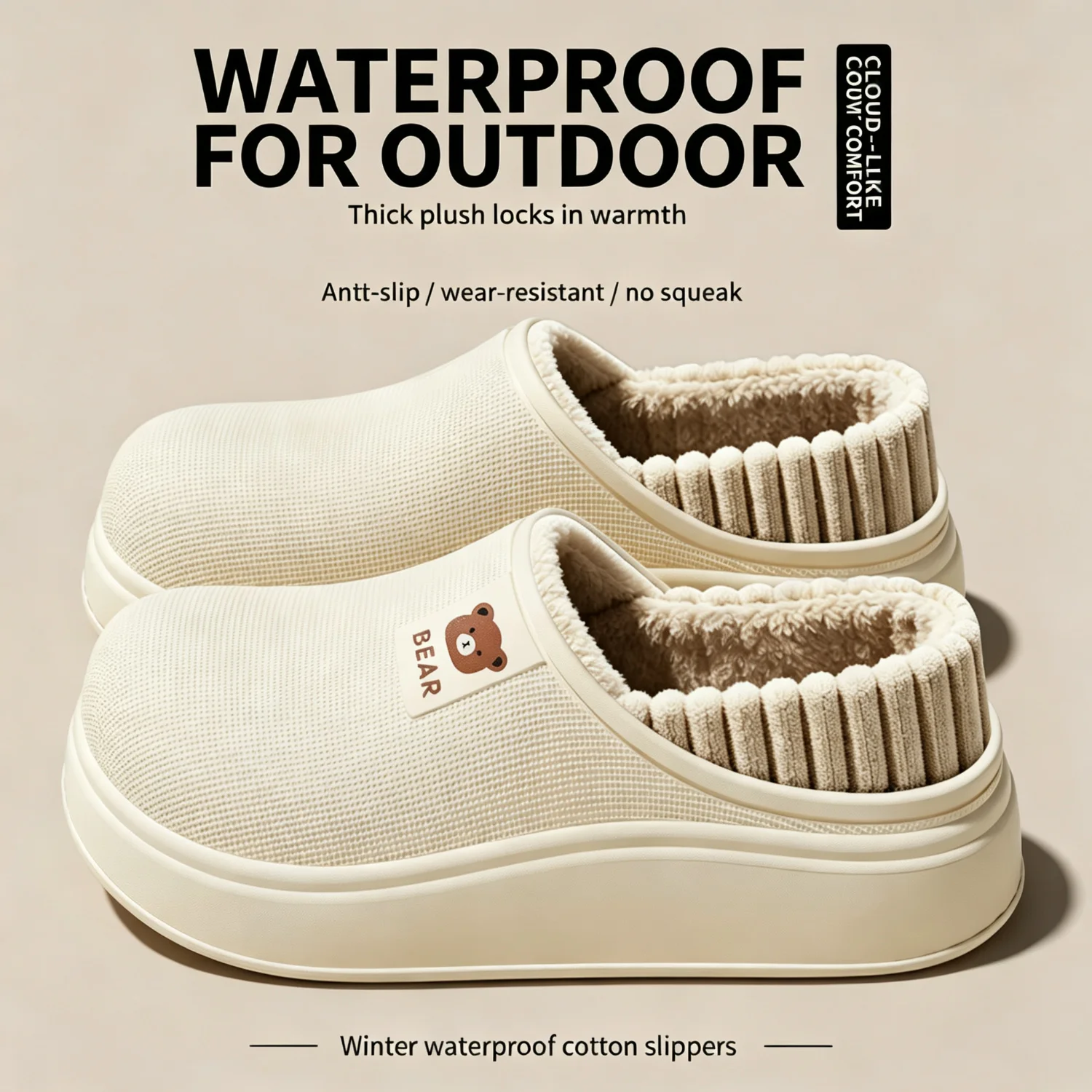 Wasserdichte Winter-Hausschuhe für Damen und Herren, 4 cm dicke Sohle, flauschig warm, für den Innenbereich, rutschfest, mit Fell gefüttert, weiche, gepolsterte Clogs. – Detail 4