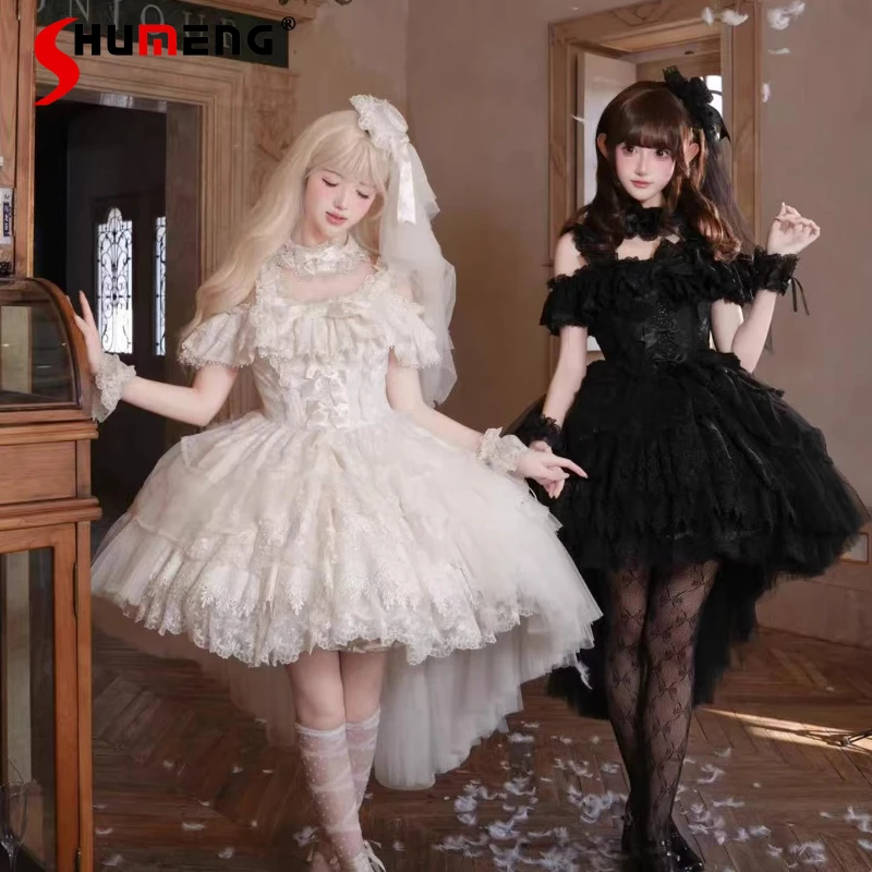 

High-end Lolita-style Princess Dresses New Spring Summer Girls Woman's Lace Splice Off-shoulder Puffy Dres Female Wedding Dress