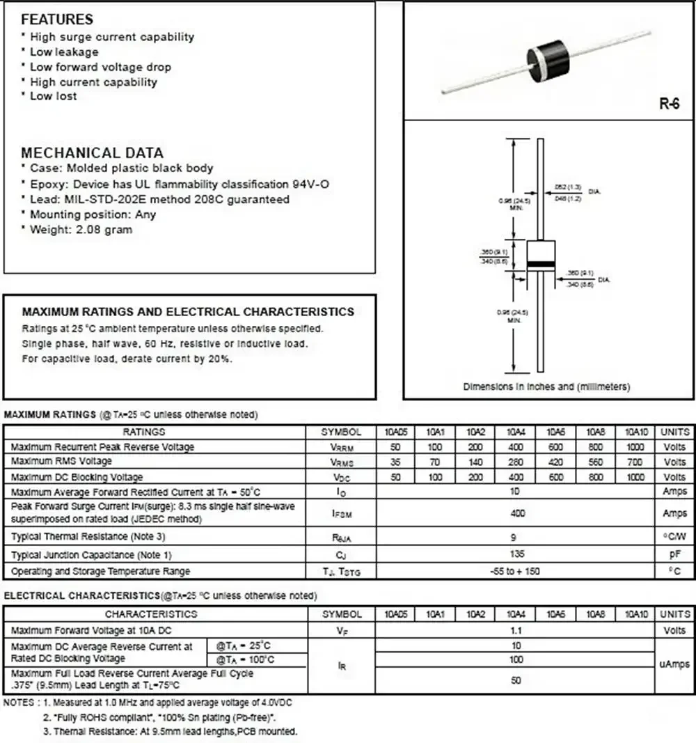 20pcs FR607 6A 1000V R-6 Fast Recovery Diode FRD