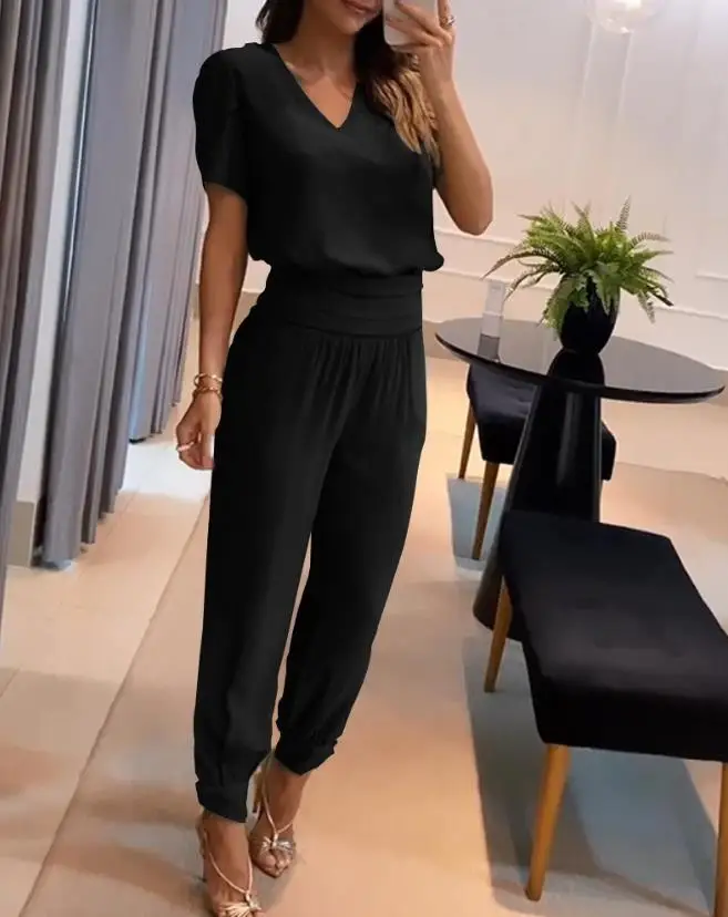 2024 Summer New Fashion Women's Pants Elegant Puff Sleeve Top & High Waist Cuffed Long Pants Set Trouser Casual Bottom