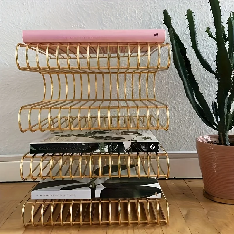 Nordic Minimalist Metal Magazine Stand - Self-Standing Art Shelf with Black/Golden Finish, No Assembly Required