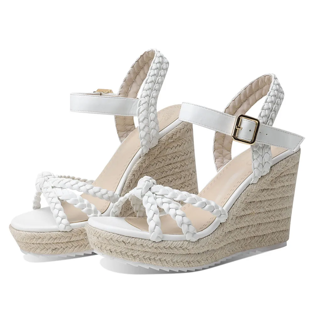 GIGIFOX Straw Woven High Wedges Heel Waterproof Platform Women High-heeled Sandals Round Toe ThicK Buckle Strap Bohemia Shoes