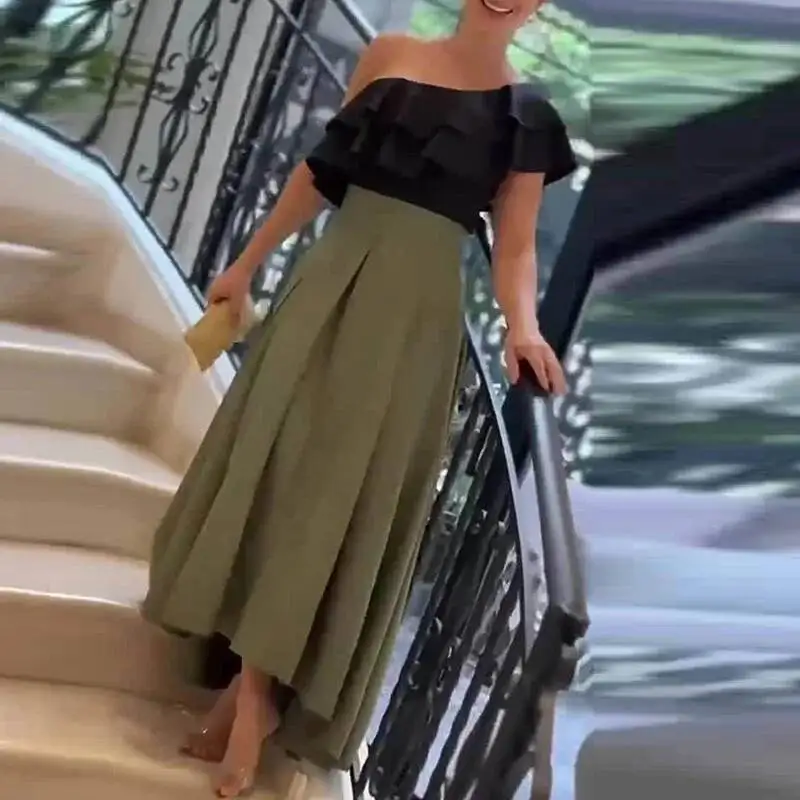 Femmes été une épaule creux Boho mode Patchwork longue fête printemps Sexy col incliné à volants bureau dame robe