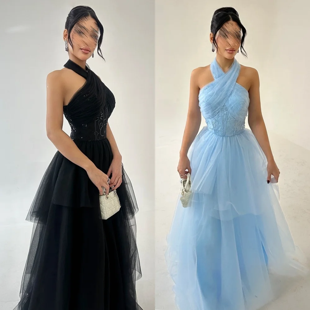 

Customized Net Tiered Sequined Halter A-line Long Dresses Bespoke Occasion Party Gown Modern Style Formal Elegant High Quality