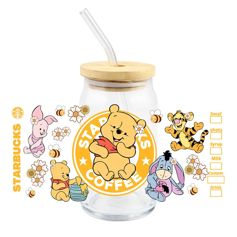 Pooh Bear UV DTF Transfer Crystal Clear Sticker Waterproof Non-marking Cute Cartoon Decorative Sticker for Thermal Cups and Mugs