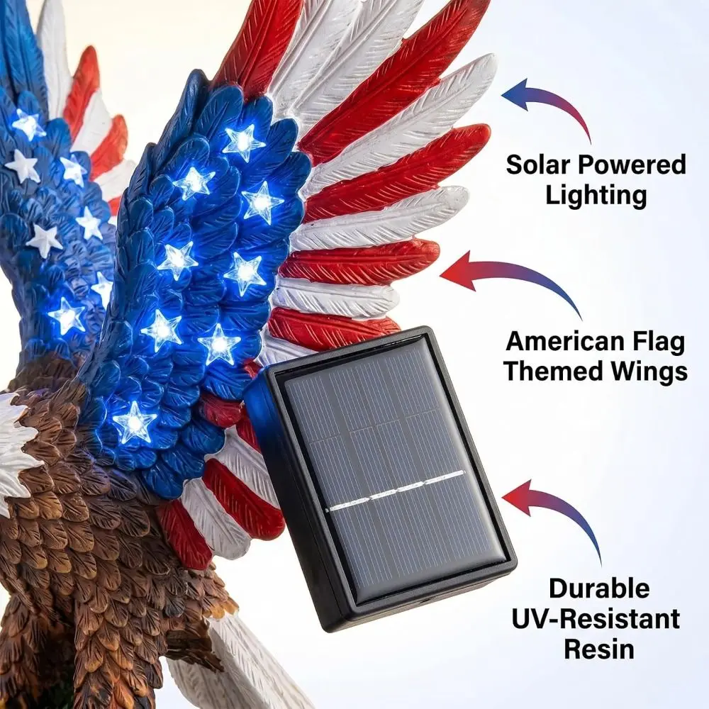 LED Lighting Solar Eagle Light UV Resistant Solar Powered Solar Garden Light Flag Themed Wings Patriotic Eagle Statue