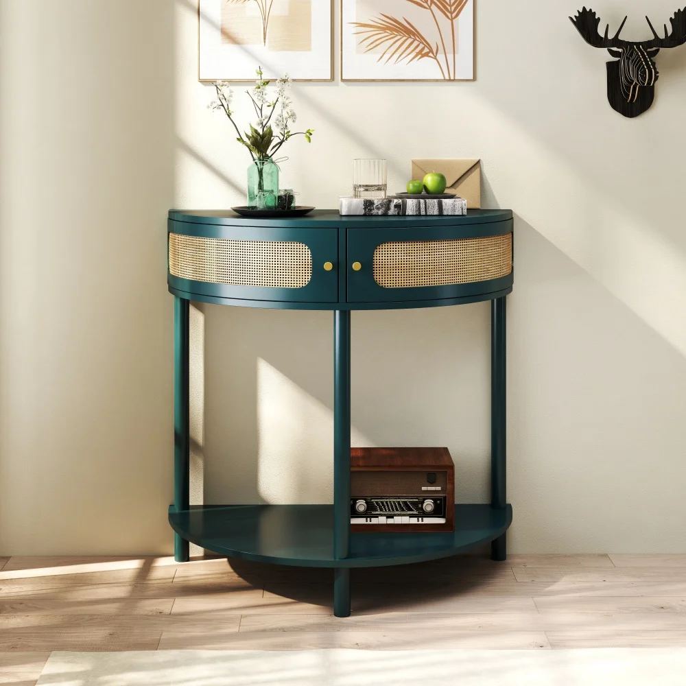 Unique Half Moon End Table: Sliding Rattan Door,2 Cabinets&Bottom Shelf-Green