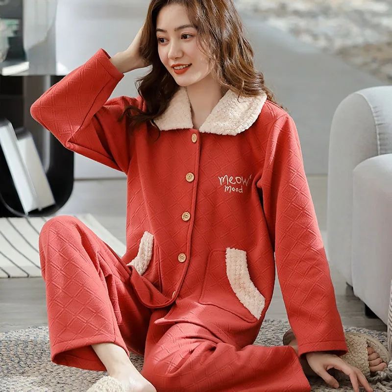 

2024 New Sandwich Pajamas Women's Autumn Winter Sleepwear Air Cotton Long Sleeved Loungewear V-neck Thickened Warm Homewear