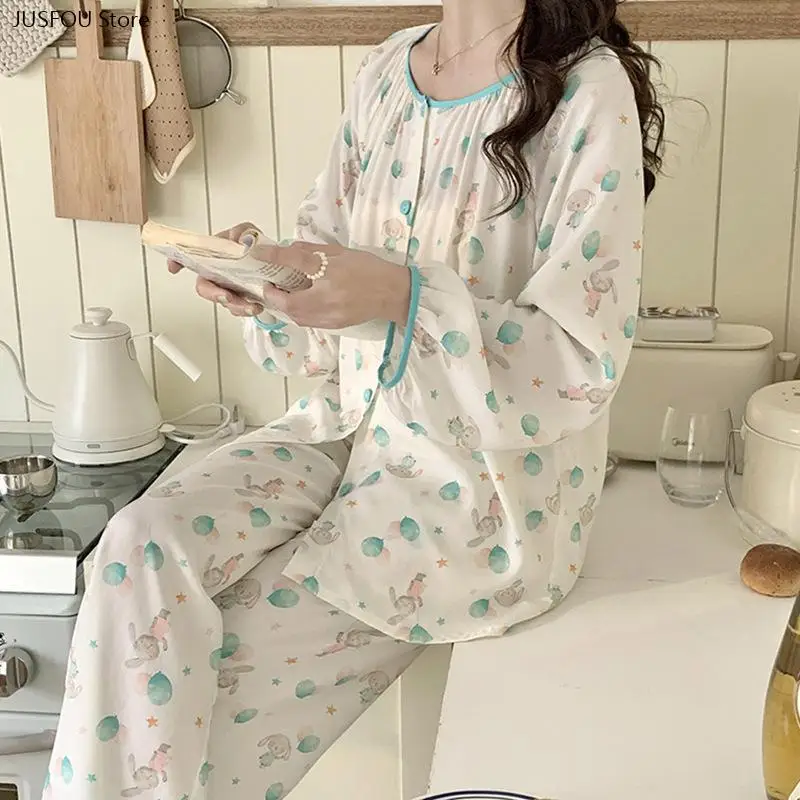 2025 New Senior Women Cotton Chiffon Pajama Set, Spring & Autumn Wear Out Casual Home Loungewear for Middle Aged Ladies