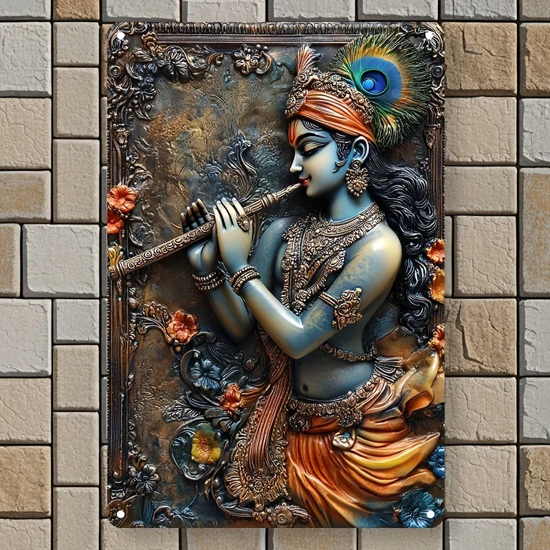 2D クリシュナ・ザ・パイパー アルミニウム ウォールアート、鮮やかな色のテクスチャード宗教壁画、スピリチュアルなホーム&リビングルームの装飾