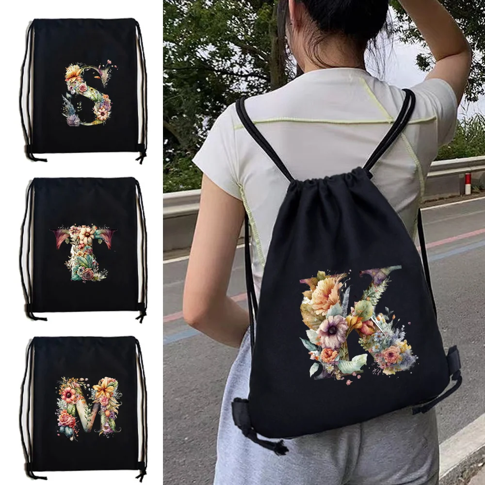 Fresh Shopping Canvas Bag Floral Letter Print Drawstring Sport Backpack Gym Storage Travel Sackpack