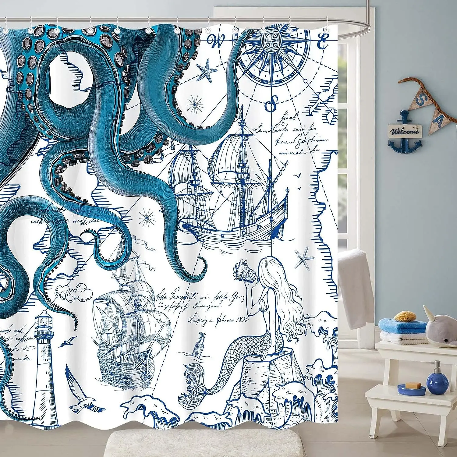 Ocean Series Octopus Shower Curtain Set Abstract Ocean Nautical Fantasy Animals Tentacle Bath Curtains Bathroom Decor Sets