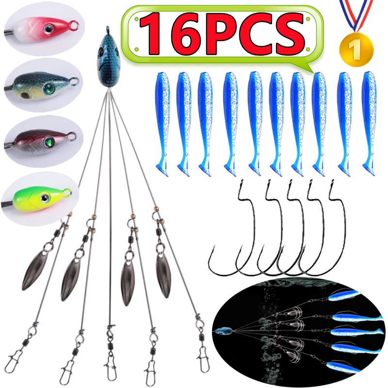 Kit de aparejo Alabama de 16 Uds., aparejo de paraguas Alabama de 5 brazos, Kit de pesca de lubina, Señuelos de Pesca, aparejos de cebo con cola Swimbaits, aparejo multiseñuelo