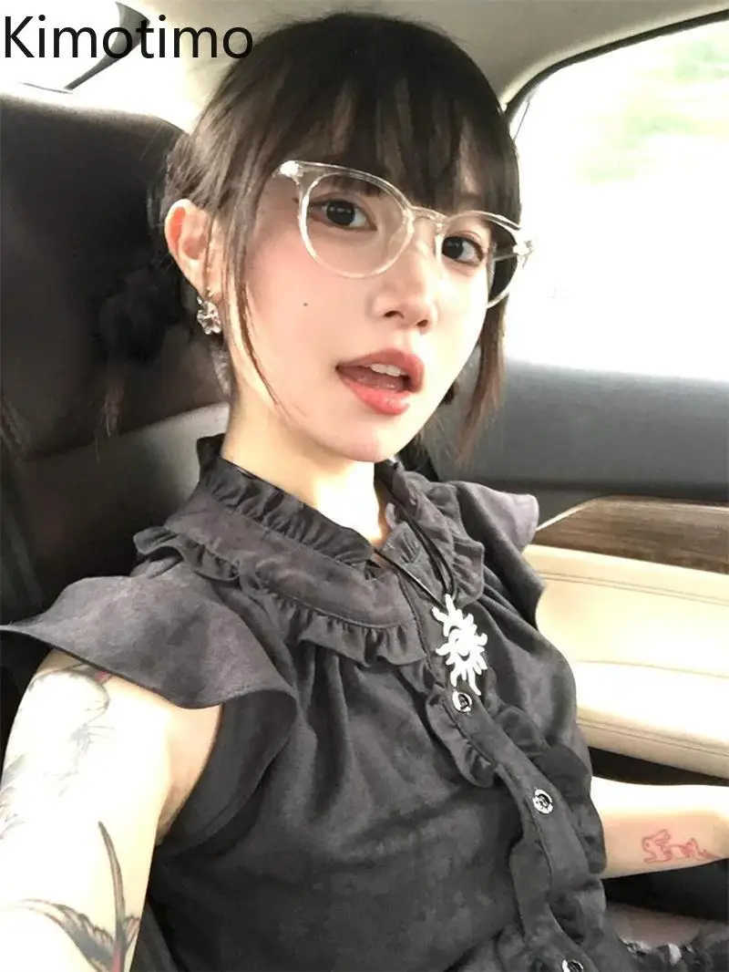 

Kimotimo Y2k Aesthetic Ruffled Shirt Women Gothic Print Flying Sleeve Casual Crop Top Japanese Harajuku Slim Fit Blouse Vintage