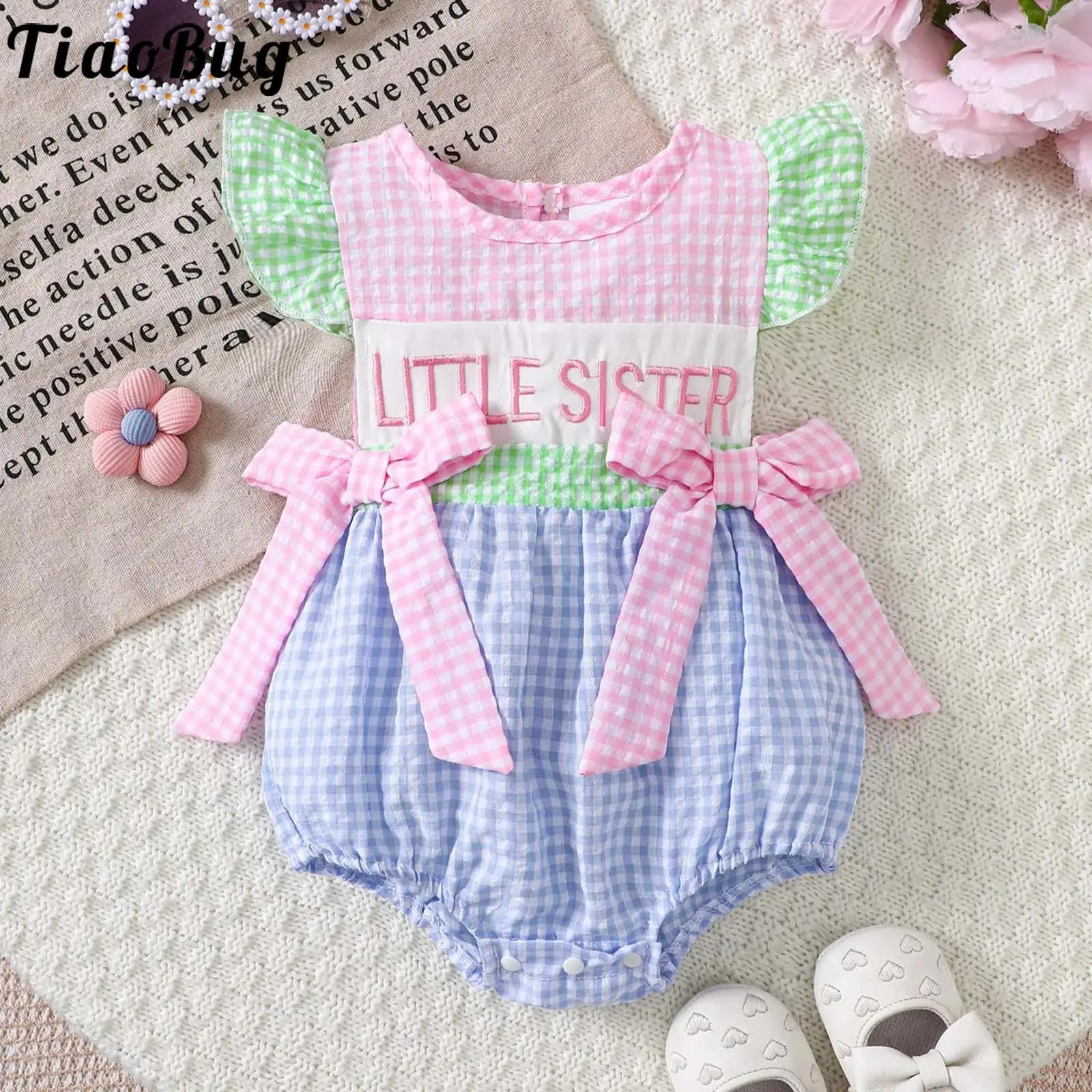 

Baby Girls Summer Cute Romper Ruffled Sleeves Bows Letter Embroidery Plaid Jumpsuit Birthday Party Photoshoots Infant Clothing