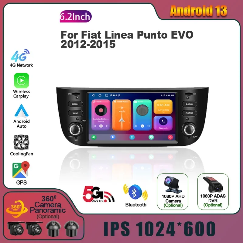 Android 13 per Fiat Linea Punto EVO 2012-2015 Radio Multimedia Wireless Multimedia Wireless Carplay 2 Din Screen Stereo