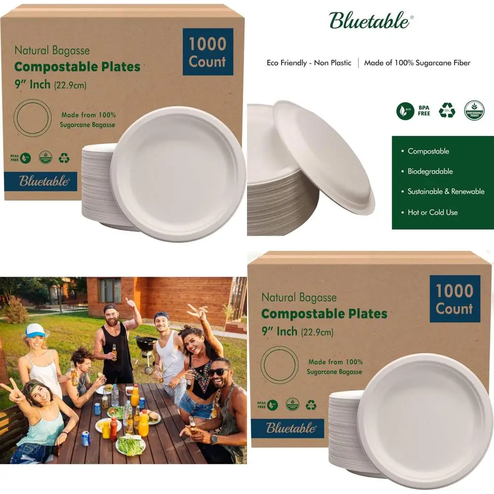 

1000 Pack 9 Inch Compostable Sugarcane Plates - Heavy Duty, Eco-Friendly, Natural Recycled Dinnerware