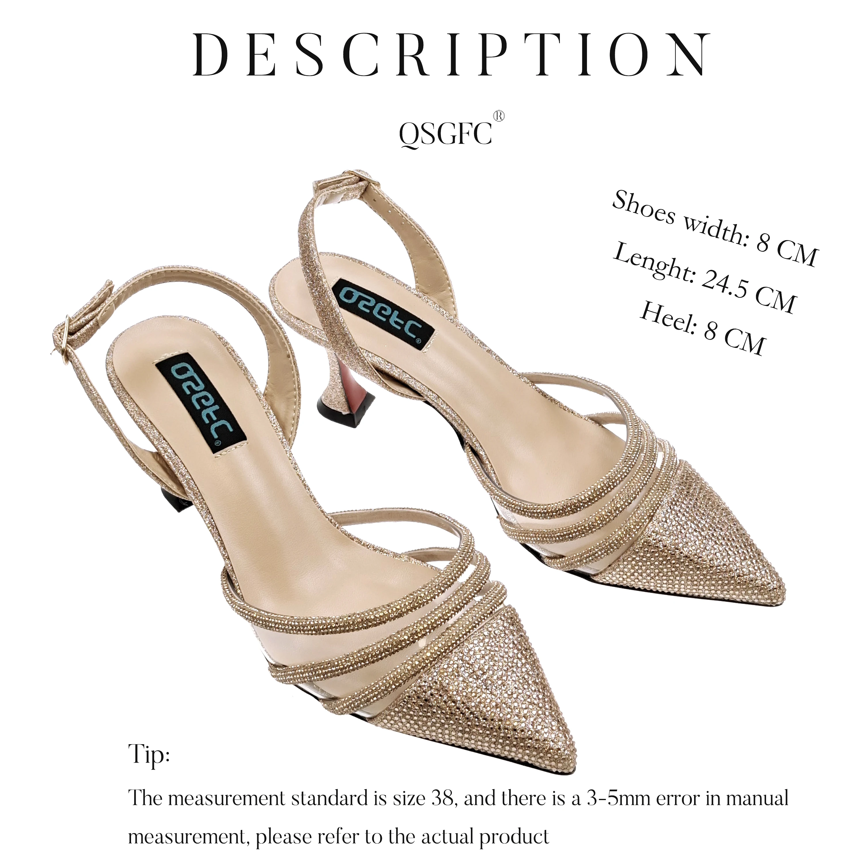 QSGFC Italian Design Nigeria New Trendy Full Diamond Embellished High Heels Peach Color Women\'s Bag and Shoes For Party Wedding