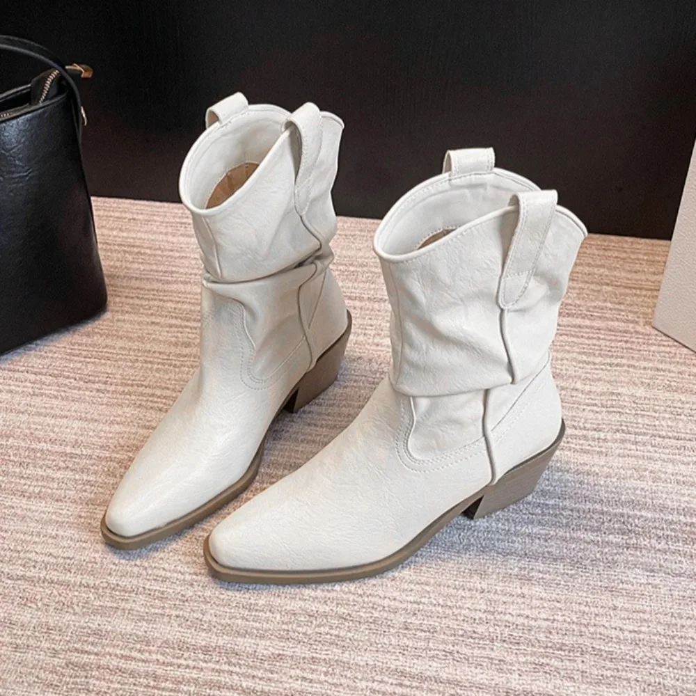 

Женские осенние ботинки на толстом каблуке с острым носком, новые универсальные ретро-ботинки в западном стиле средней высоты для женщин, осень-зима 2026
