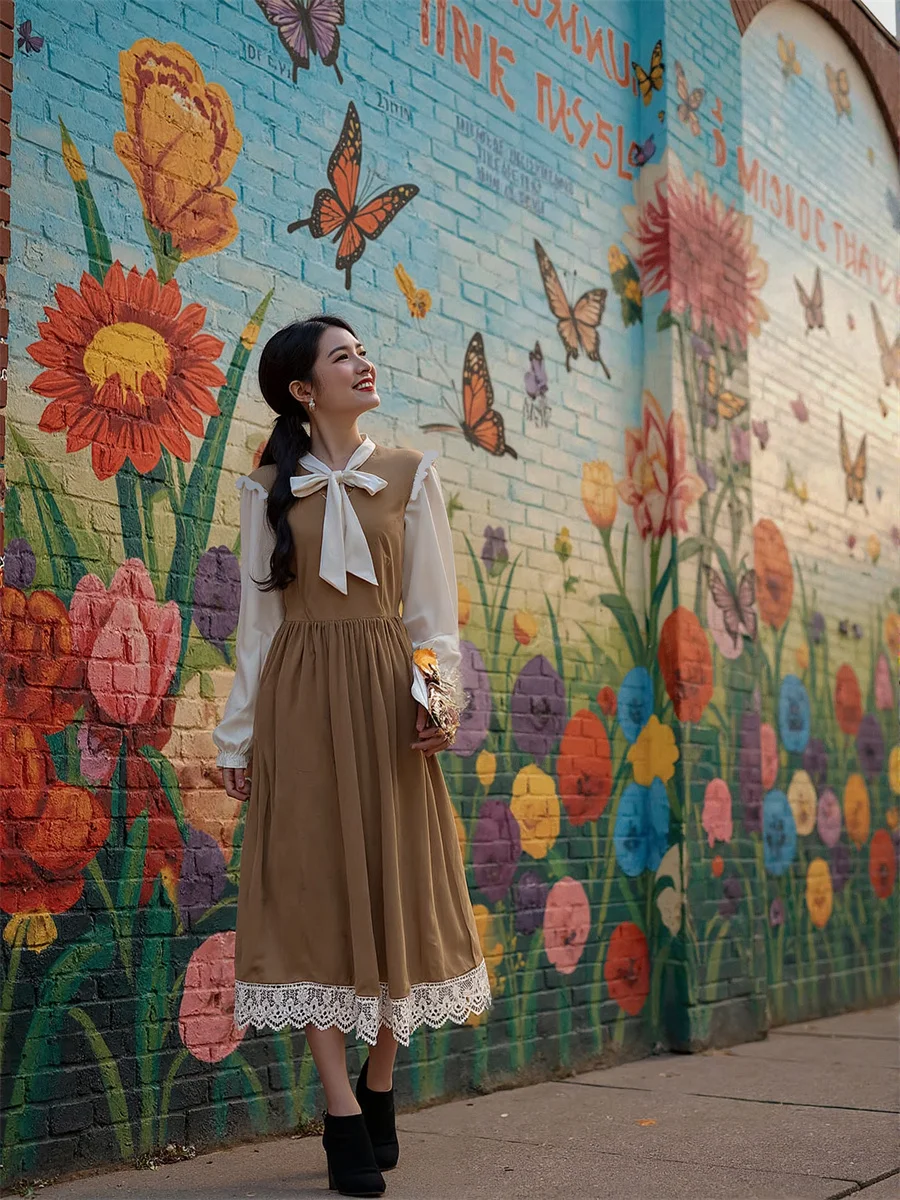 여성용 블랙 드레스 여성 긴 소매 레귤러 핏 프레피 스타일 가을 봄 린넨 컷아웃 반소매 폼핏 비대칭