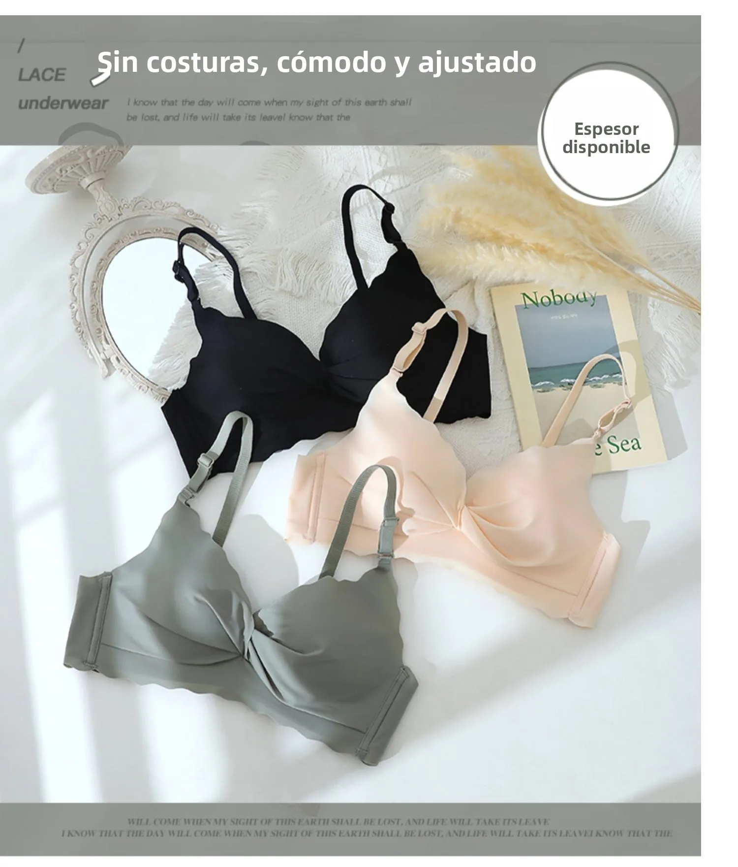 Conjunto de sujetador y bragas sin costuras para mujer, color blanco, fino, con efecto push-up, sin aros, ropa interior cómod...