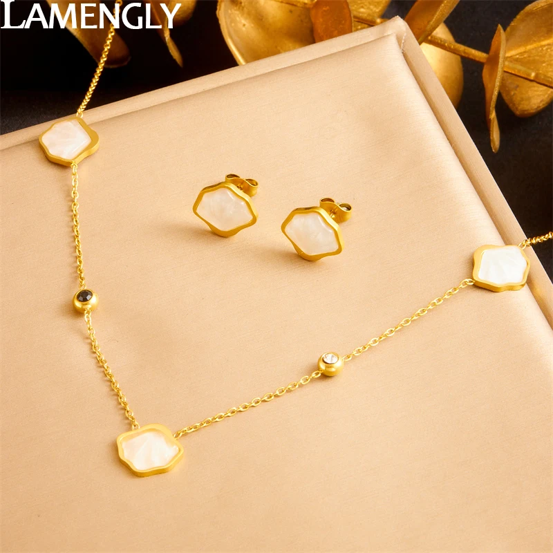 LAMENGLY 316L Stainless Steel Simple 3 Shells Connections Pendant Necklace Earrings For Women Elegant Girl Jewelry Set Gifts