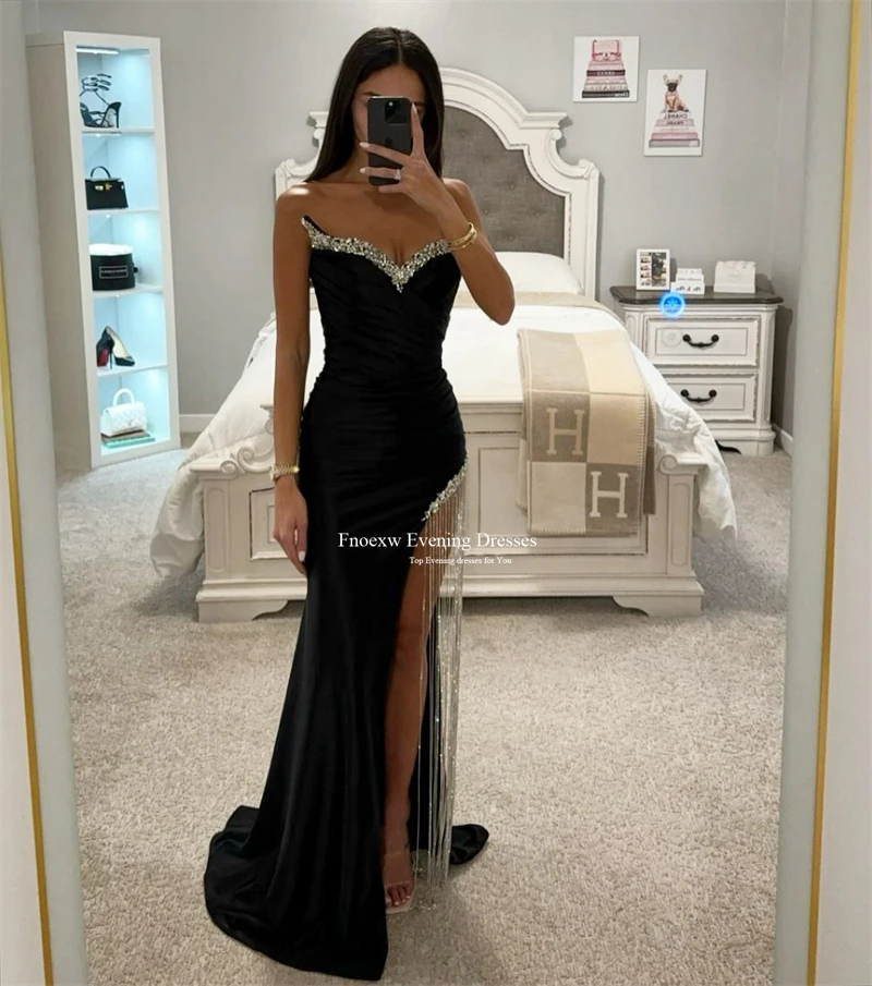 Fnoexw High Quality Mermaid Evening Dresses Vestido Festa Party Dress Photo Shoot Glitter Beaded Sequins Side Slit Prom Gowns