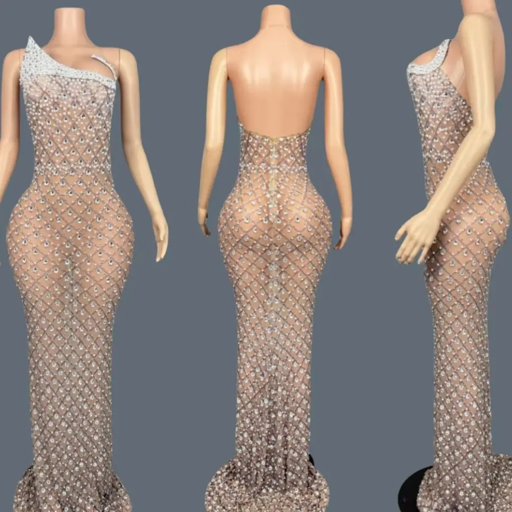 

Luxury Sparkly Rhinestone Pearls High-end Evening Gown Sexy Women Birthday Celebrate Party Photo Shoot Wear Prom Outfit Xueshan