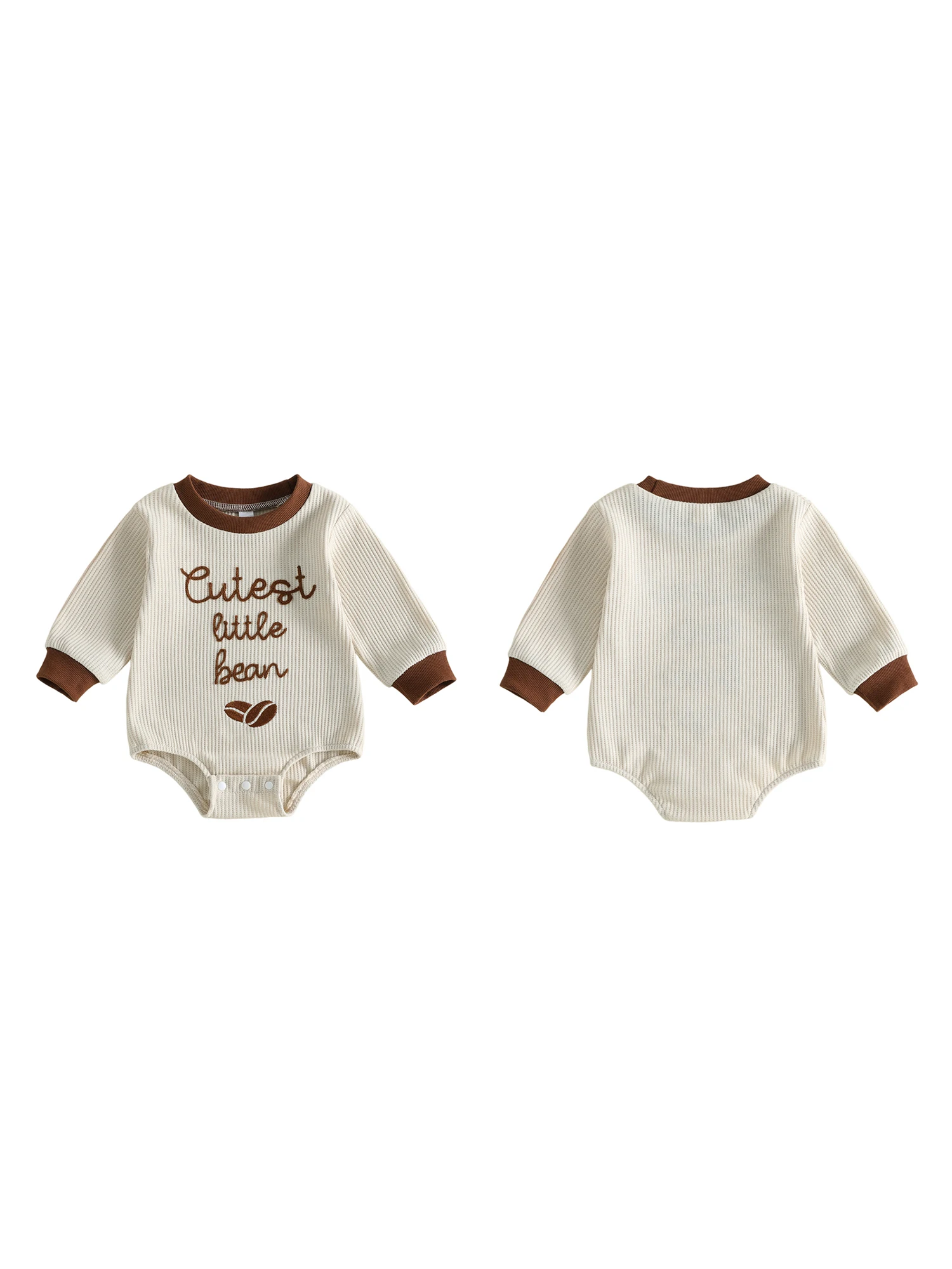 Bean-Embroidery-Jumpsuit Neck Coffee Bean Coffee-Bean-Embroidery Infant Long Sleeve Bean Coffee Bean Romper