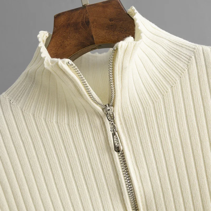 Chic Design Knitted 2 Piece Sets Casual Solid High Waist Sweatpants Outfit Women Zipper Turtleneck Knit Sweater Tops Conjuntos