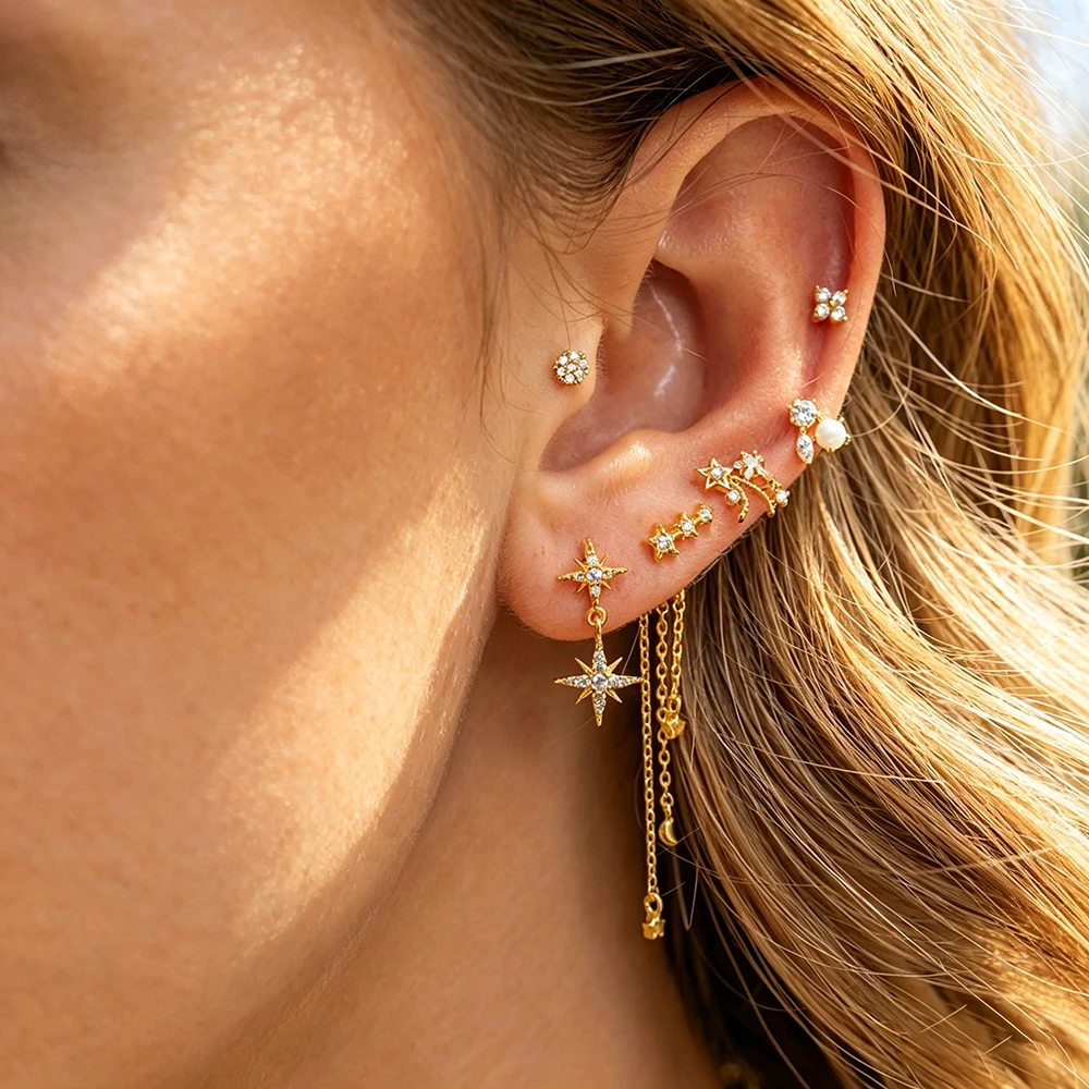 

Gold Plated Star Moon Cubic Zirconia Earring Set Delicate Chain Tassel Cartilage Stud Earrings for Women Fashion Jewelry