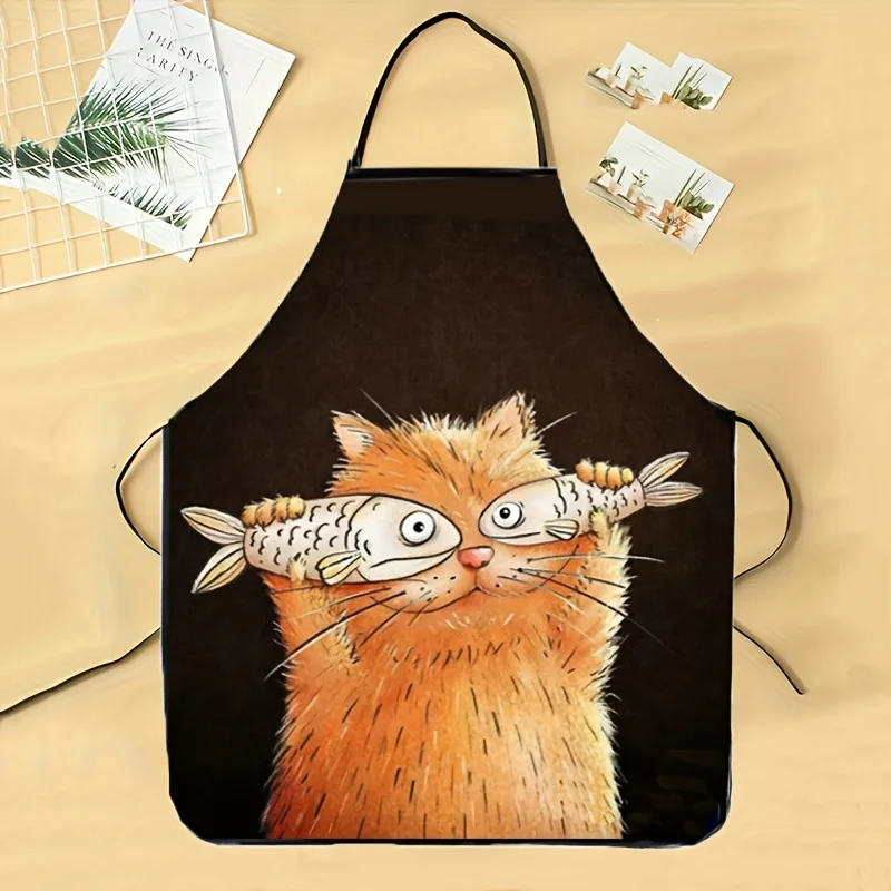1pc Creative Cartoon Cat Fish Design Polyester Apron - Durable Kitchen Dining Apron for Men Women, Playful Orange Cat