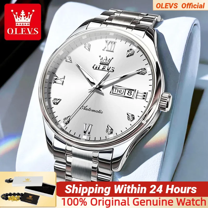 

OLEVS Classic Automatic Watch for Men Dual Calendar Simple Diamond Dial Stainless steel Luminous Waterproof Mechanical Watch