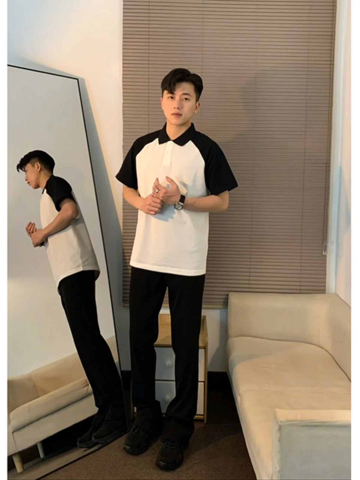 

Черно-белая рубашка с коротким рукавом для мужчин, летняя, модная, с воротником, вставками на плечах, из плотной ткани, с рукавом до локтя