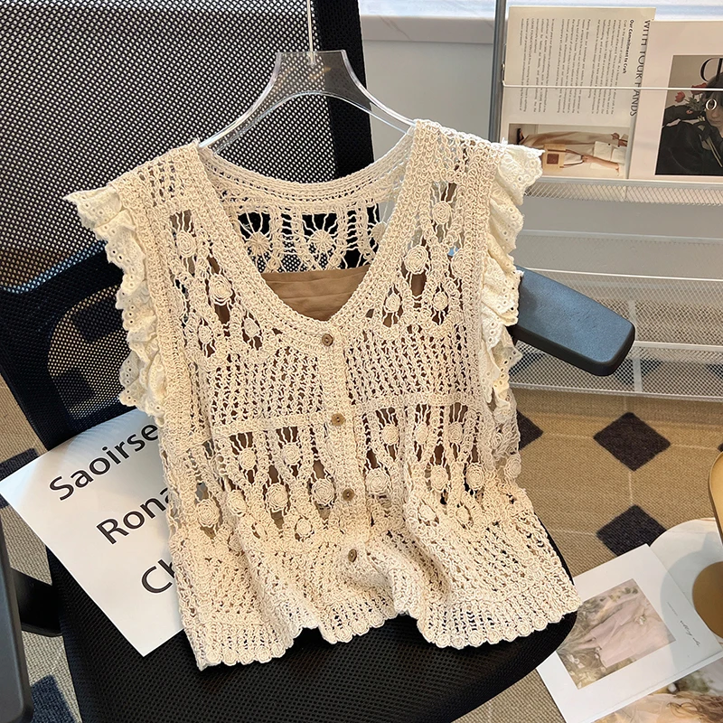 French Crochet Hollow Knit Sweater Vest +Spaghetti Strap Camisole  Women Spring Summer New Elegant Ruffled V-neck Cardigan 2pcs