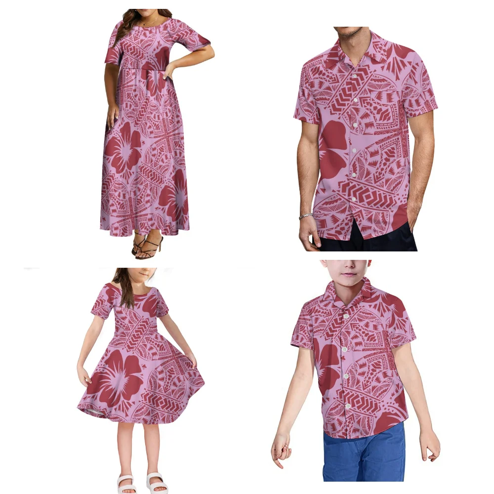 Floral Hibiscus Flower Pattern Design Clothing Polynesian Art Set Girls Dress Boys Shirt Women'S Elegant Crew-Neck Pommel Skirt