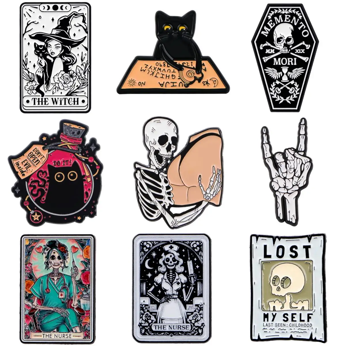 Skelett Tarot Karte Emaille Pin Wahrsagerei Brosche für Mantel Damen Broschen schwarze Katze Abzeichen Hexe Schmuck Geschenk für Freunde