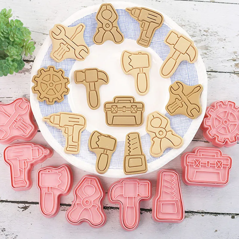 8Pcs/Set Repair Tools Biscuit Mold Screw Hammer Wrench Shape Cookie Cutter Stamp Fondant Cake 3D Plastic Baking Decoration Tools