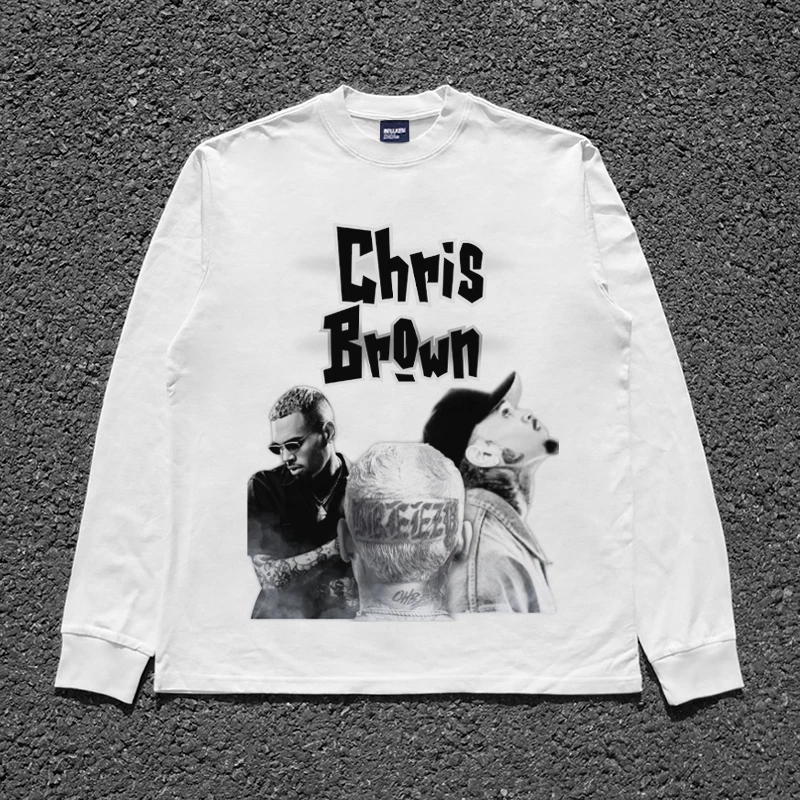 

Винтажная футболка Chris Brown Pop Male Singer High Street, мужская и женская модная футболка в стиле хип-хоп с длинным рукавом, хлопковые винтажные топы