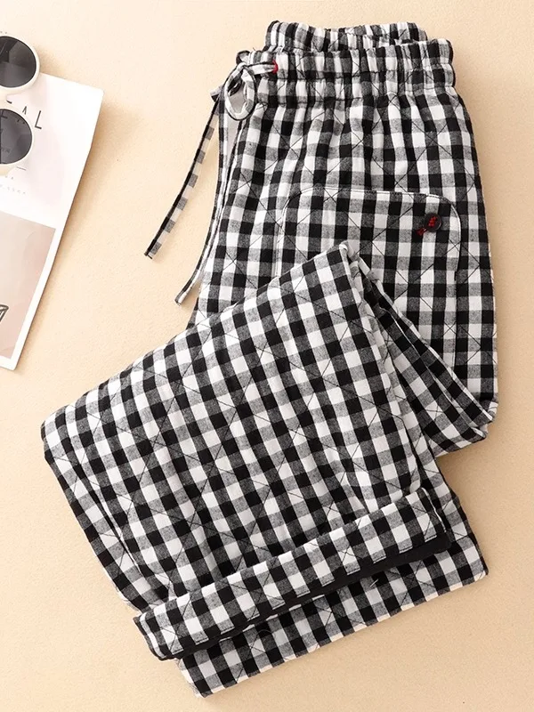 

Retro Diamond Grid Black White Plaid down Cotton Pants Women's Winter High Waist Loose Drapey Slimming Thick Warm Wide Leg Pants