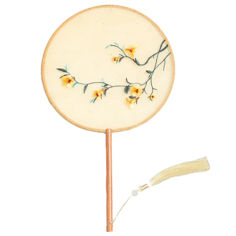 Embroidered Group Fan Ancient Style Fan Summer Long Handled Tassel Dance Hanfu Palace Fan Children\'s Cheongsam Round Fan
