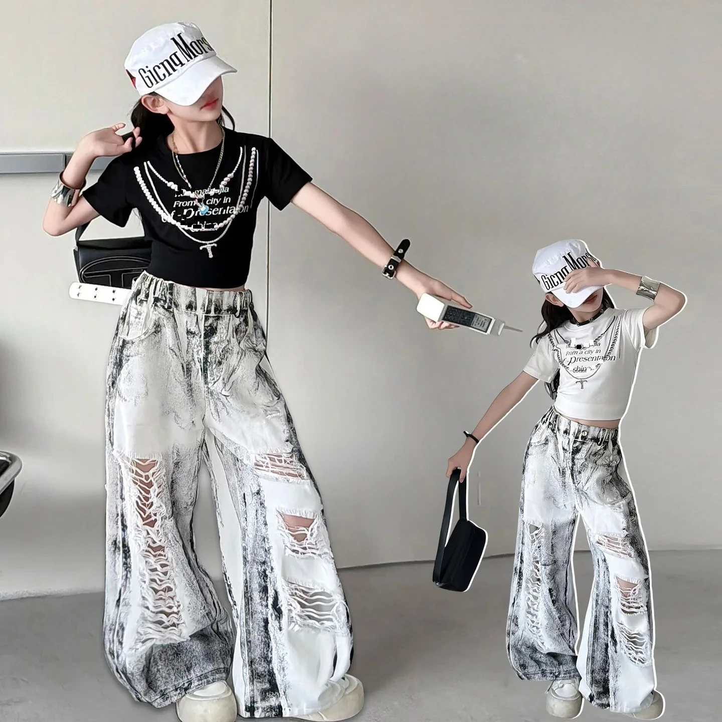 

Teens Girls Clothing Sets 2026 Fashion Letter Crop Top+Tie-dye Ripped Jeans Children's Digital Print Streetwear Hip Hop Outfits