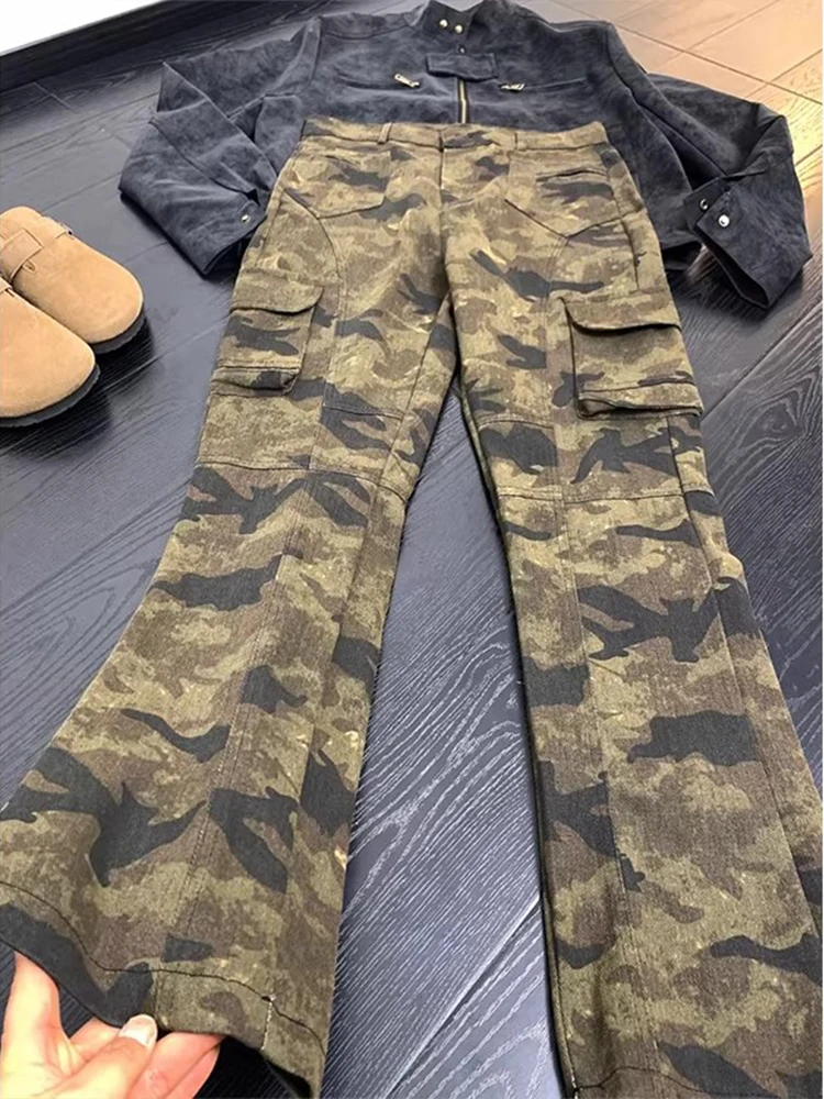 American Retro Camouflage Jeans Men's High Street Vibe Straight Leg Micro Flare Long Trousers Workwear Cleanfit mid Waist