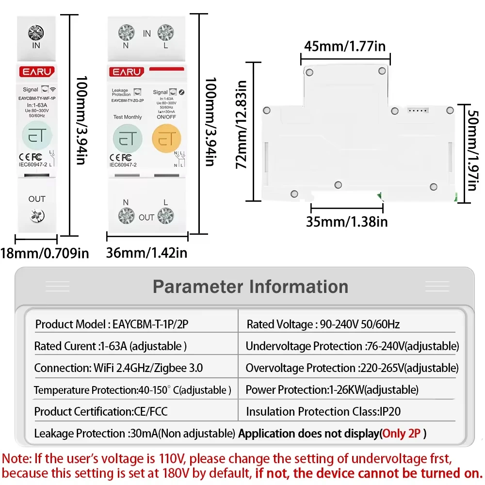 1P 2P TUYA APP Zigbee WIFI Smart Energy Power Consumption kWh Meter Circuit Breaker Time Relay Switch Leakage Voltage Protection