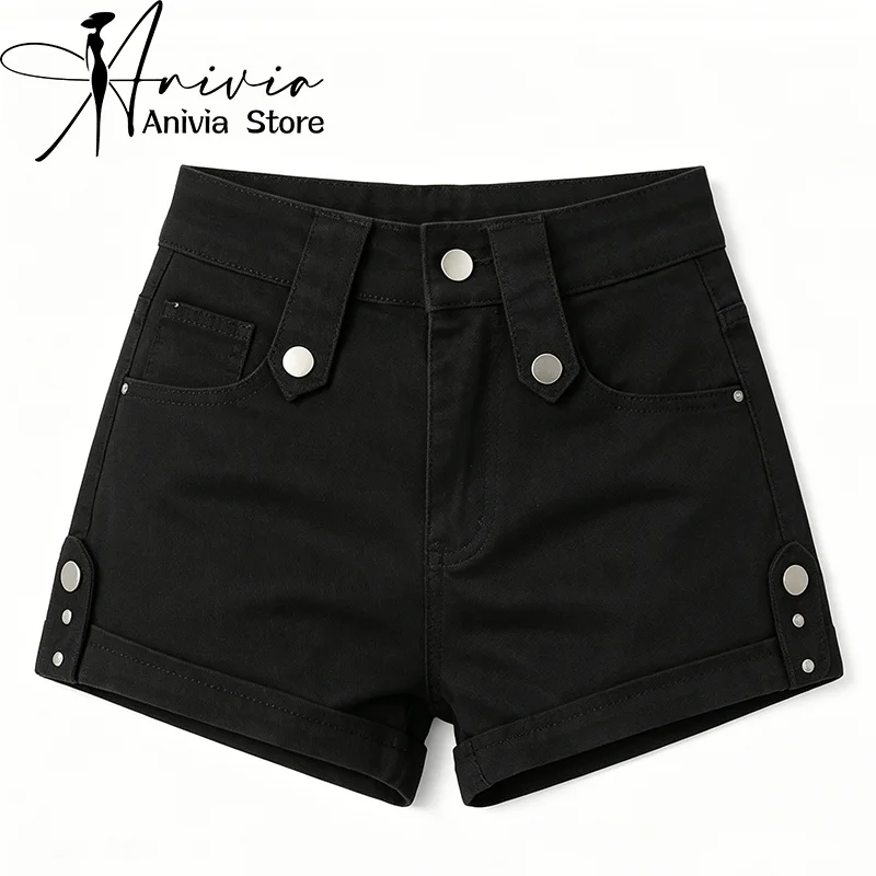 

Women's Black White Cuffed Button Casual Denim Shorts Y2K American High Street Harajuku Aesthetic Fashion Retro Jeans Shorts Clo