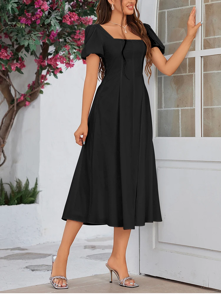 NewAsia Puff Sleeves Square Neck White Midi Dress Backless Ruched A-Line Fashion Going Out Casual Long Dresses Summer