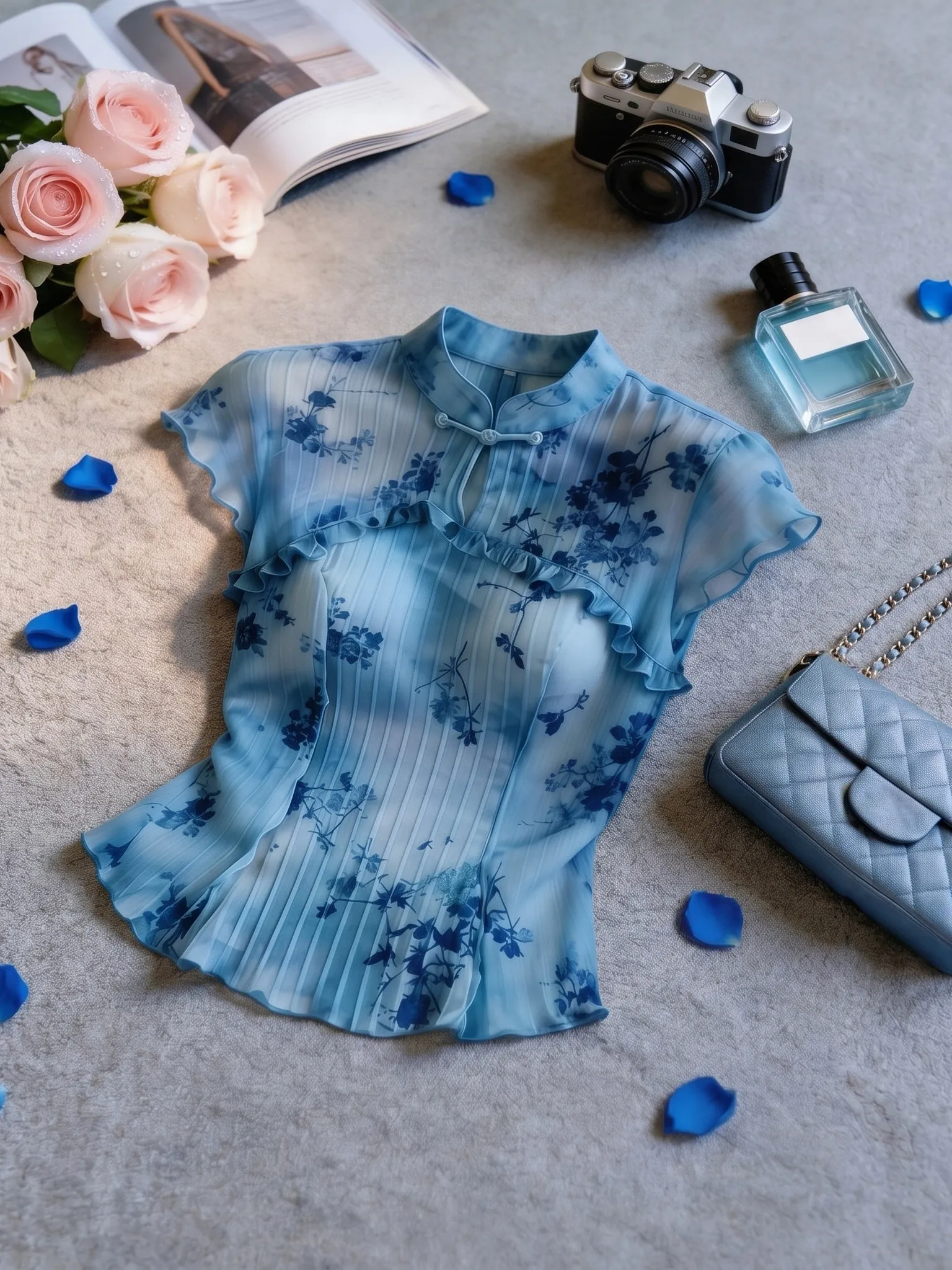 

Ladies Blue Shirt 2026 Summer New Commute Simple Unique Slimming Blue National Style Top Fashionable And Elegant for Women