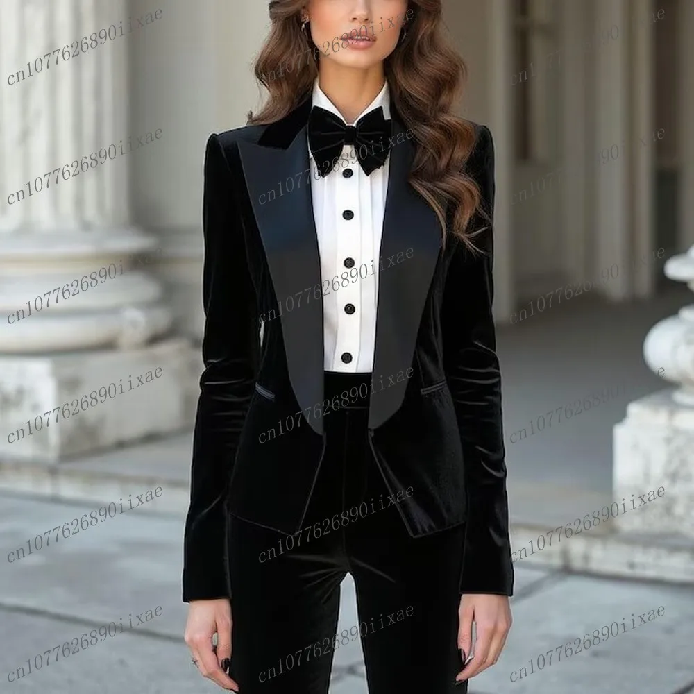 

New Black Velvet Women Suits Lady Business Office Tuxedos Mother Wedding Party Formal Ladies 2 Piece Set Jacket Pants